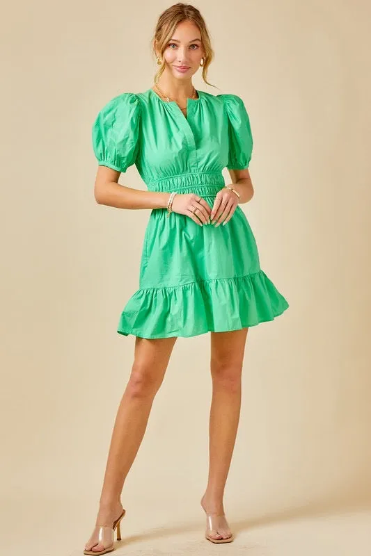 Puff Sleeve Poplin Dress in Fern