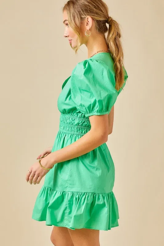 Puff Sleeve Poplin Dress in Fern