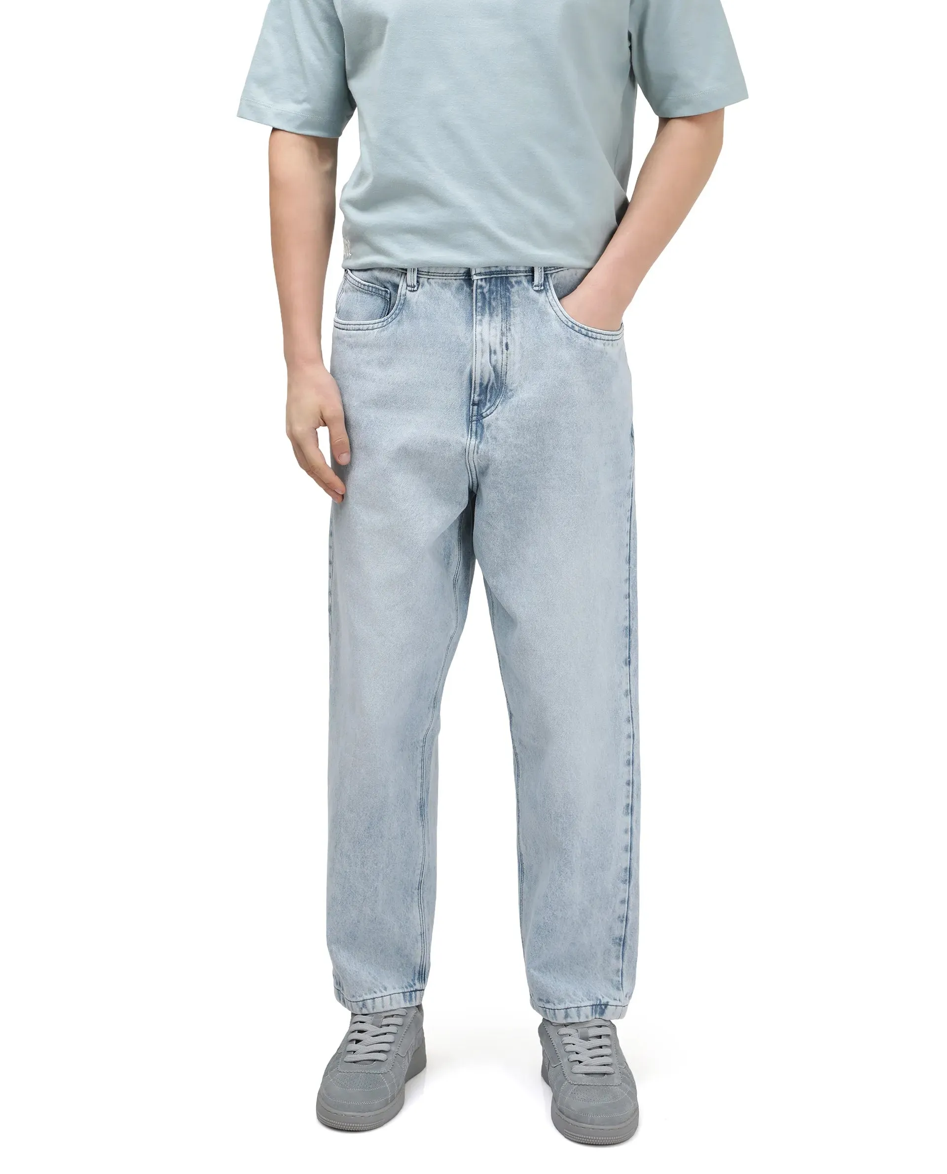 Rare Rabbit Men's Evet Pastel Blue Cotton Fabric Rinse Wash Mid Rise Baggy Fit Plain Jeans