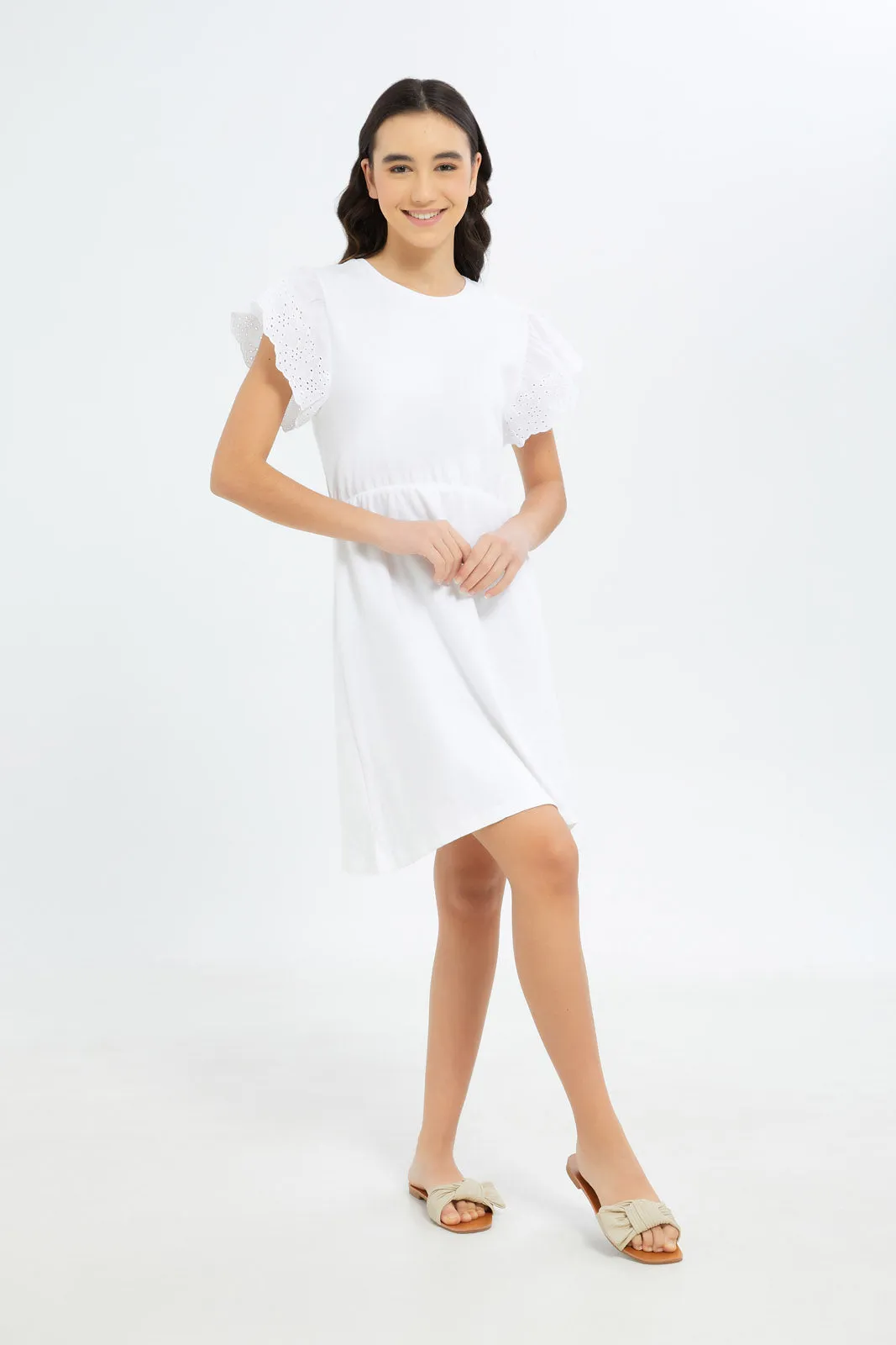 Senior Girls White Basic Knitted Chiffly Dress