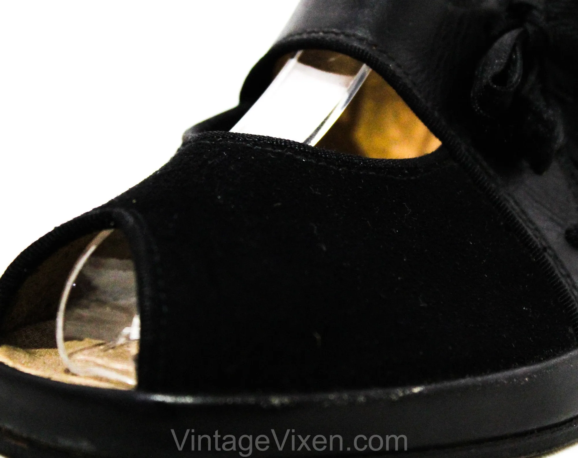 Size 4.5 1940s Shoes - Cute Black 40s Platforms - Suede & Leather Swing Style Open Toe 4 1/2 Sandals with Lace Up - 40's WWII Era Deadstock