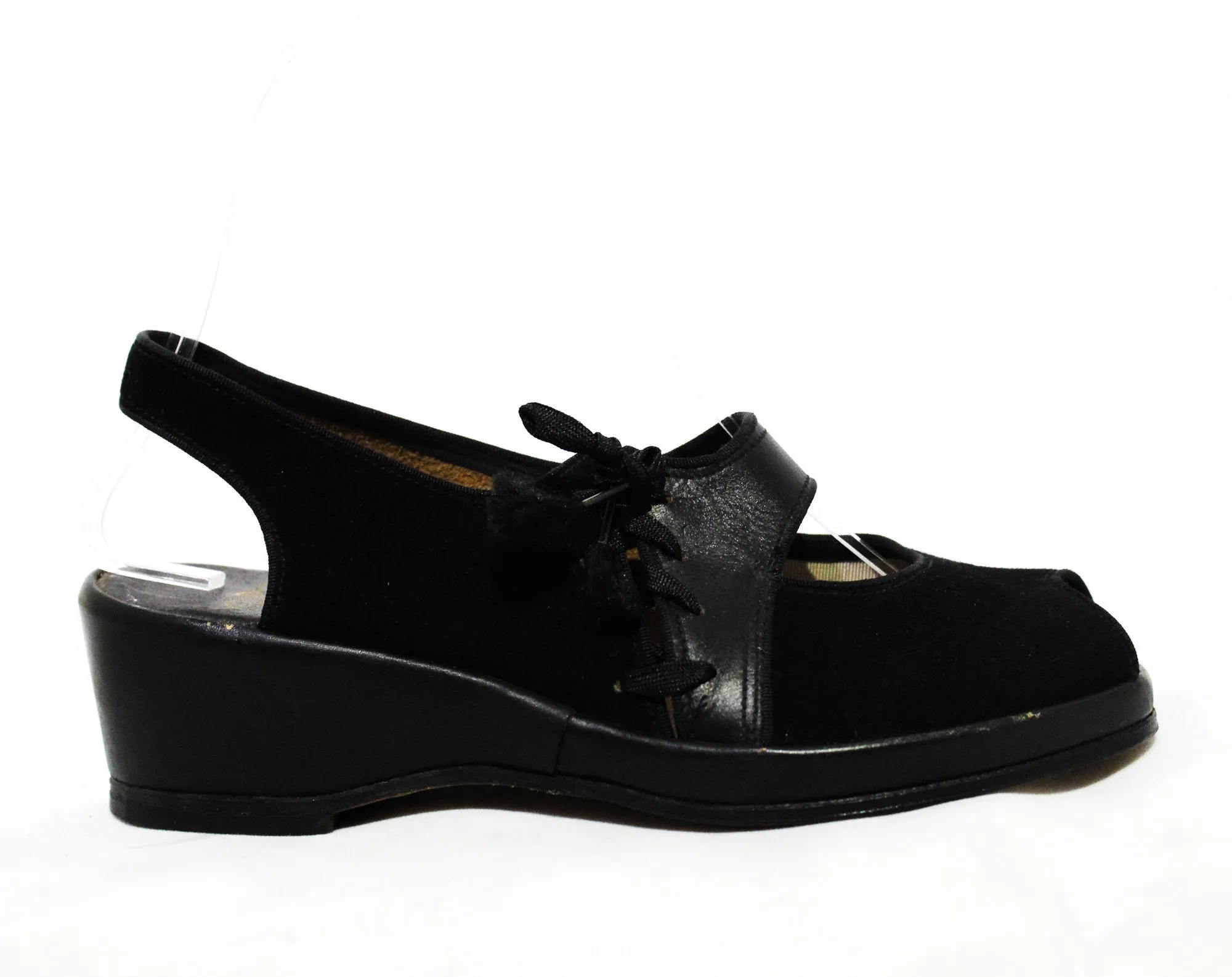 Size 4.5 1940s Shoes - Cute Black 40s Platforms - Suede & Leather Swing Style Open Toe 4 1/2 Sandals with Lace Up - 40's WWII Era Deadstock