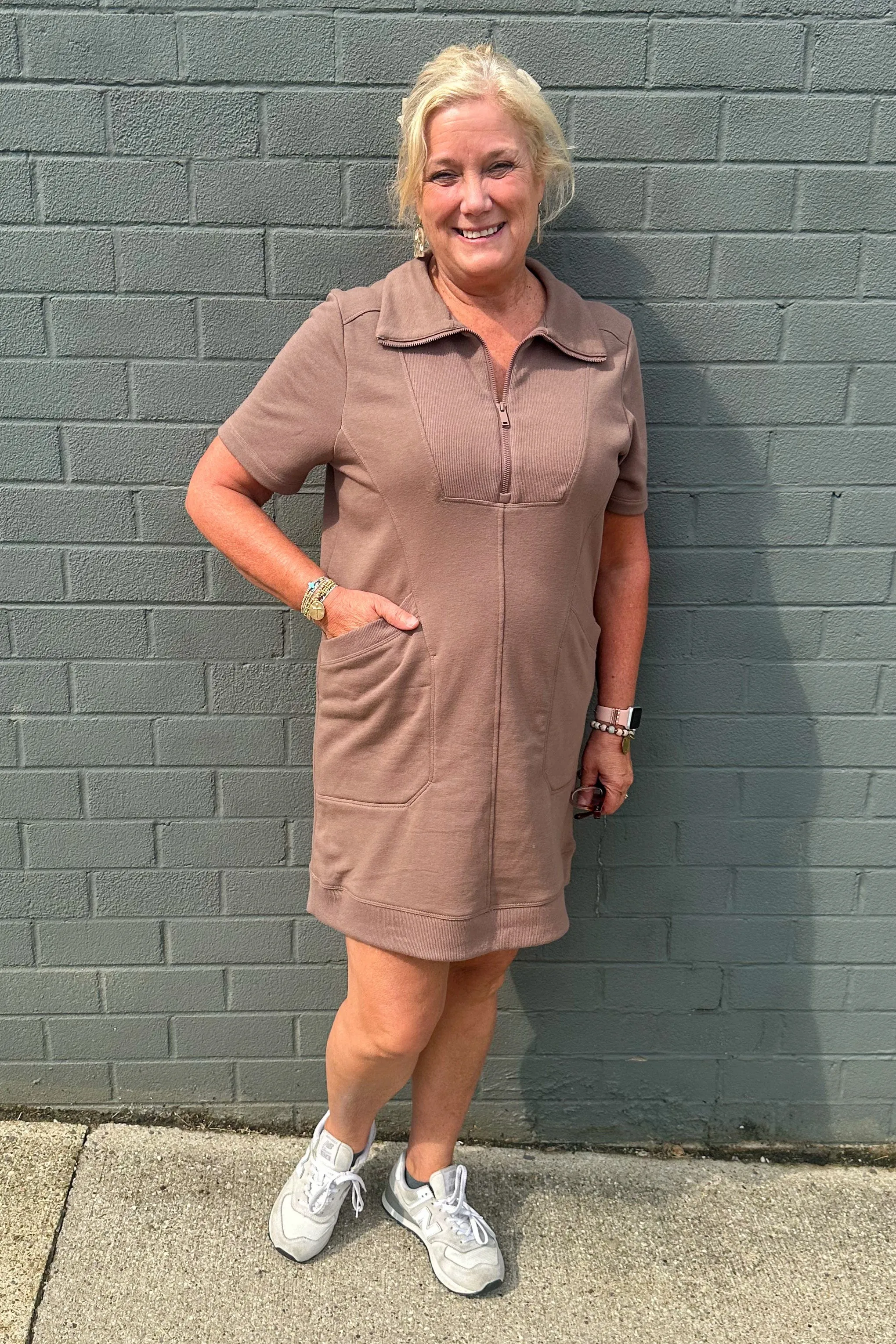 Smoky Brown Casual Quarter Zip Dress