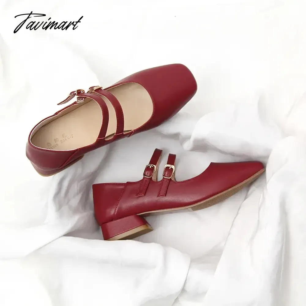 TAVIMART  -  Fashion Genuine Leather Mary Jane Feminine Shoes Autumn New Thick Low Heel Shallow Mouth Retro Artistic Hepburn Double Buckle