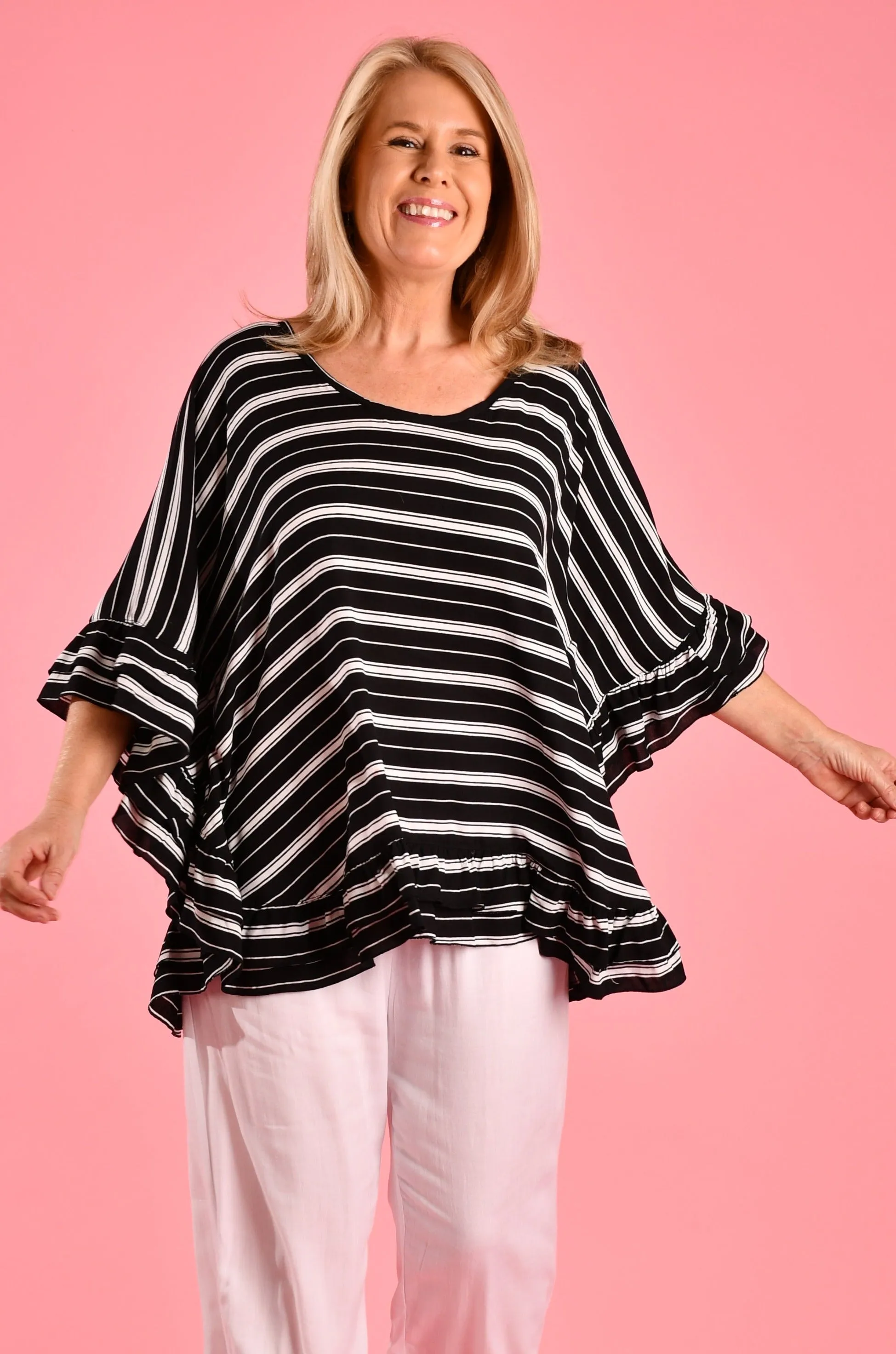 VBLT111 - RELAXED TOP WITH DOUBLE FRILL - SAILOR STRIPE BLACK