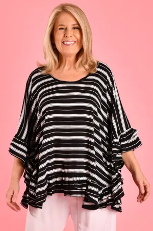 VBLT111 - RELAXED TOP WITH DOUBLE FRILL - SAILOR STRIPE BLACK