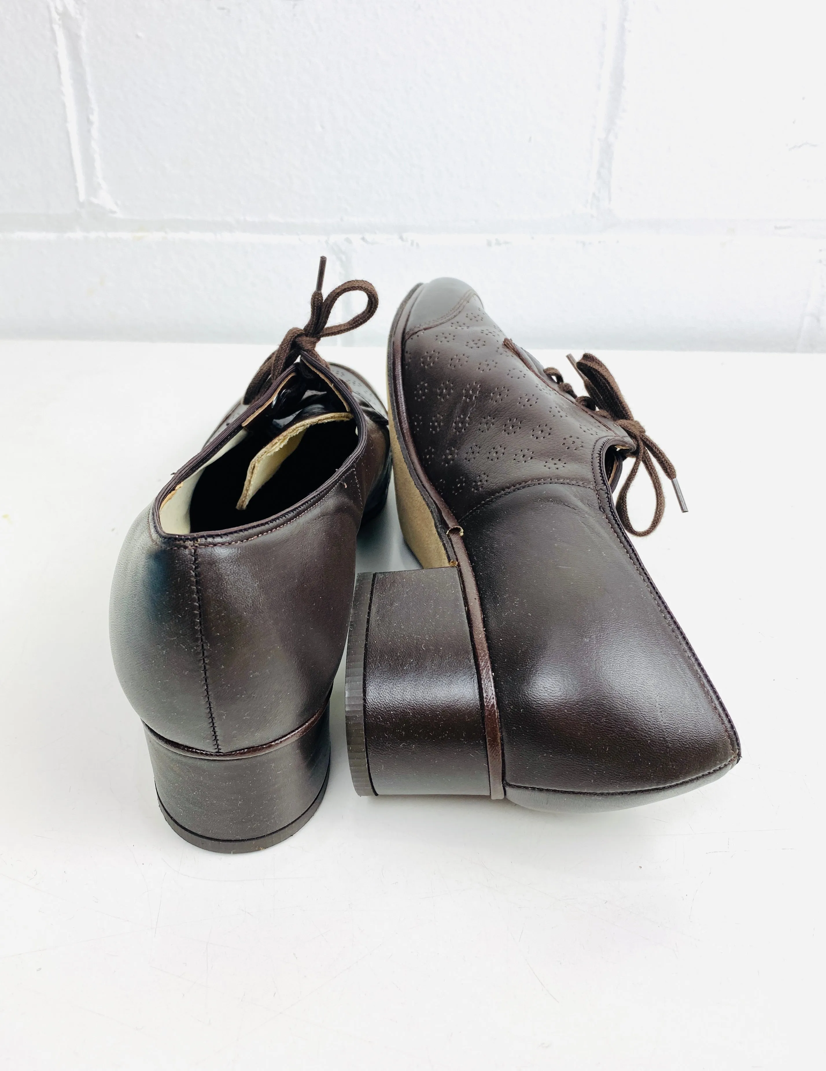 Vintage Deadstock Shoes, Women's 1980s Brown Leather Cuban Heel Oxfords, NOS, 1616