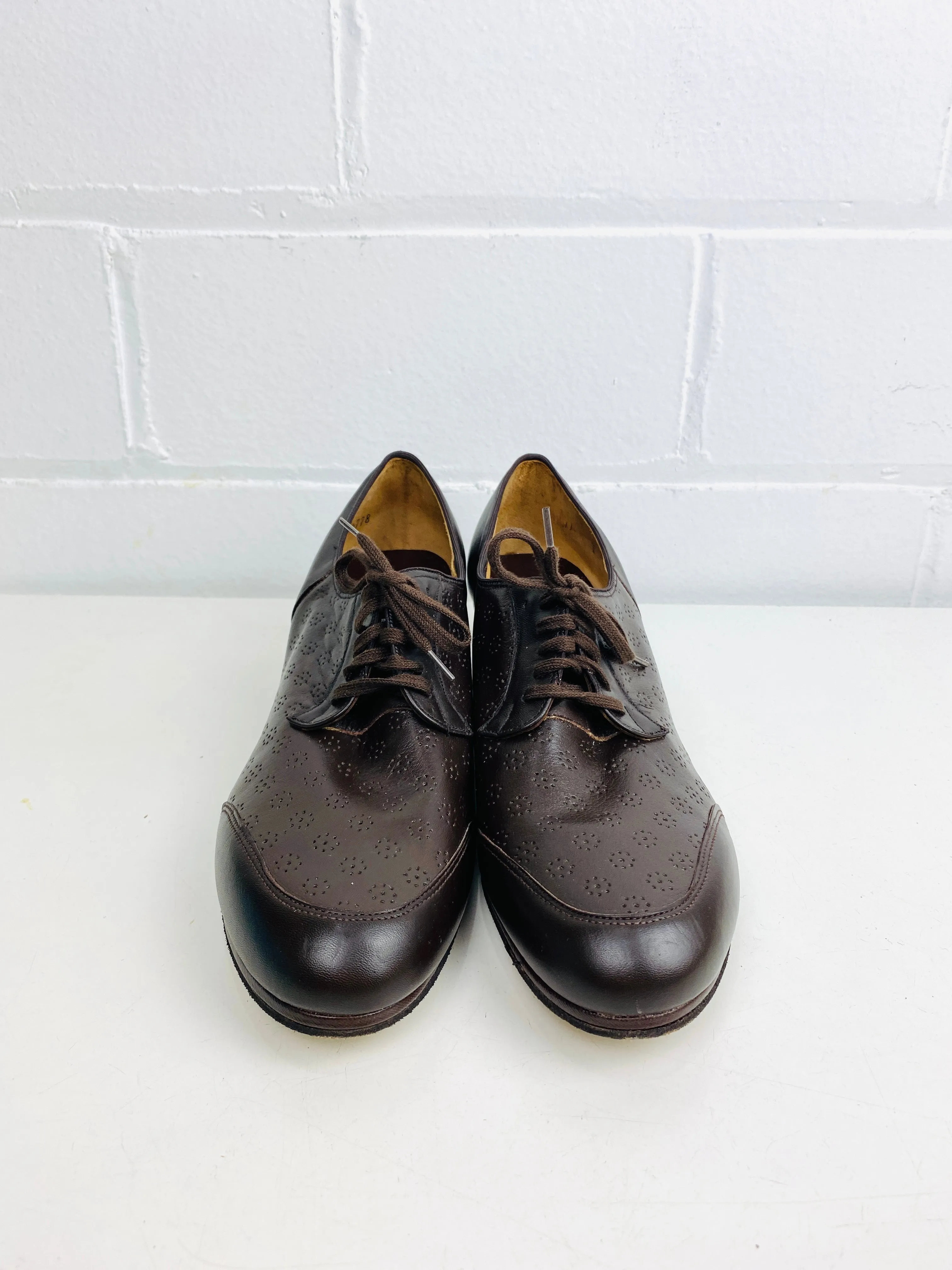 Vintage Deadstock Shoes, Women's 1980s Brown Leather Cuban Heel Oxfords, NOS, 1616