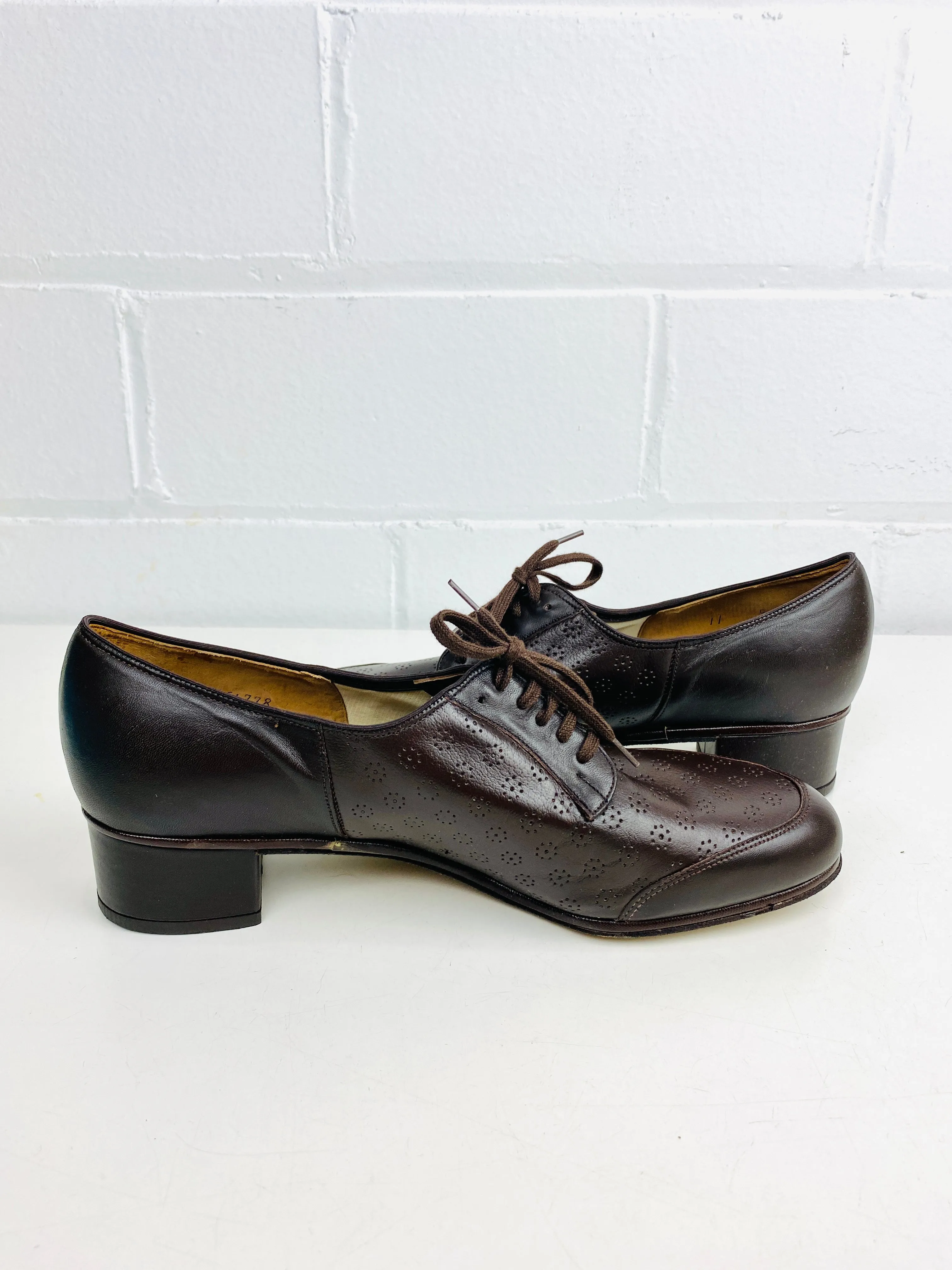 Vintage Deadstock Shoes, Women's 1980s Brown Leather Cuban Heel Oxfords, NOS, 1616