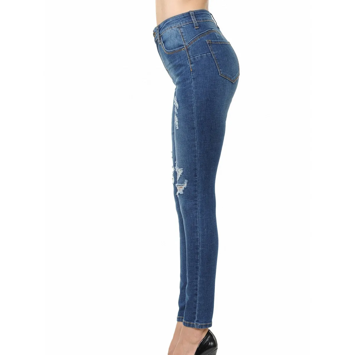 Wax Denim Women's Push-Up High-Rise Skinny Jeans with Destruction