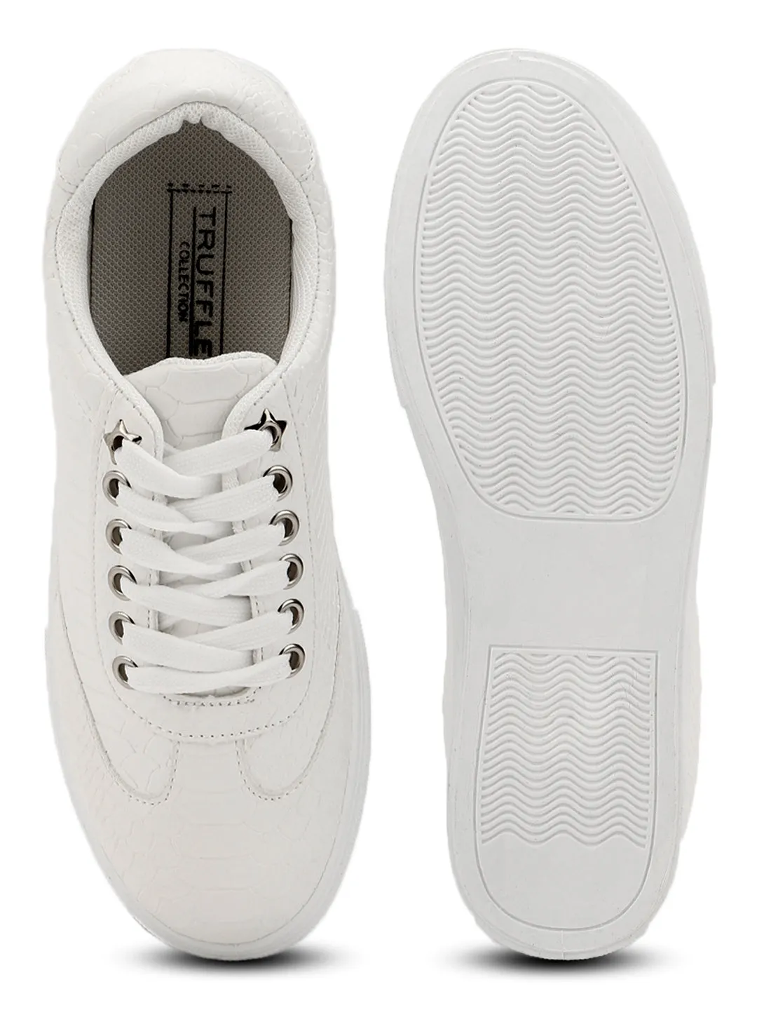 White PU Snake Skin Texture Lace-up Sneakers