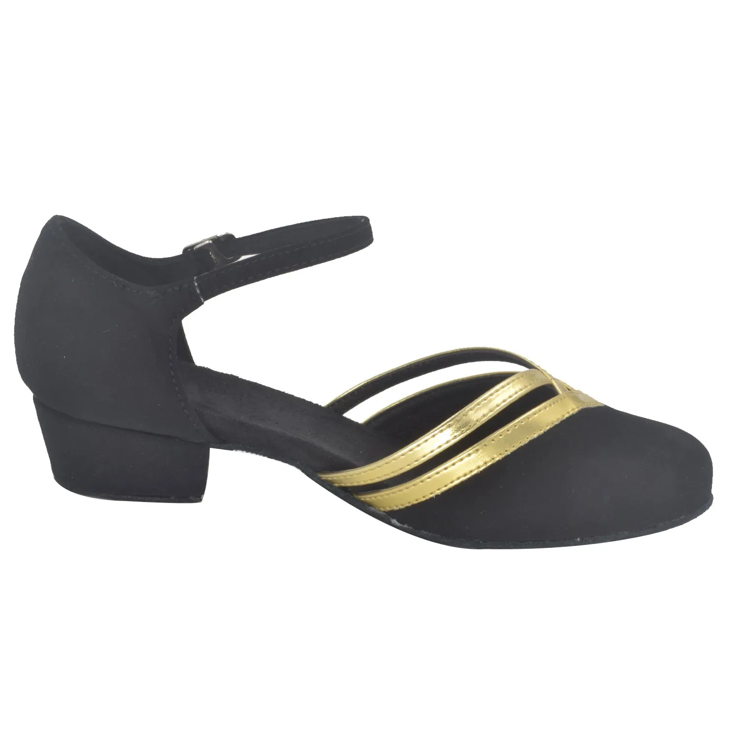 Women Ballroom Dancing Shoes Ladies Tango Latin Practice Dance Shoe Suede Sole Buckle-up Closed-toe Black and Gold