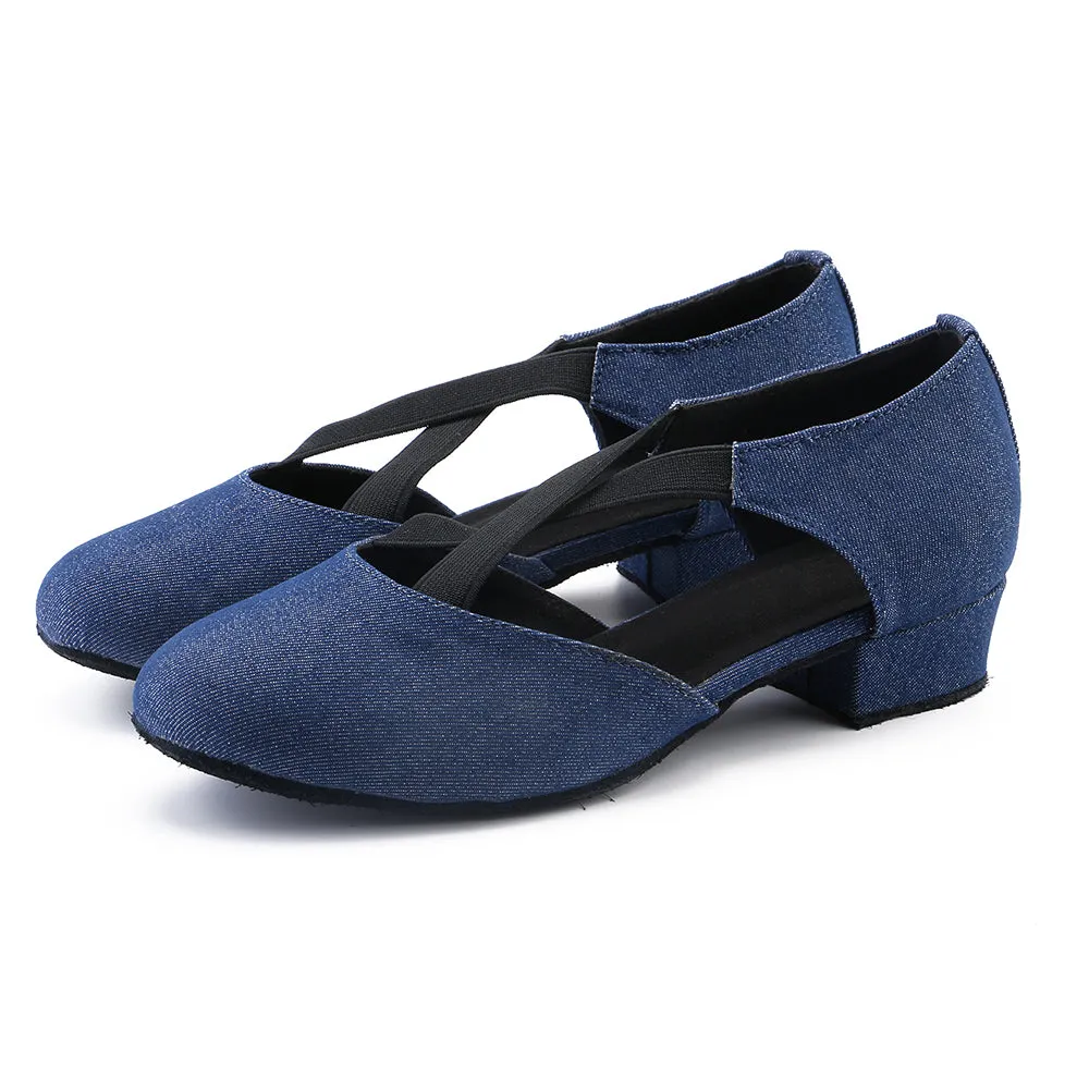 Women Ballroom Dancing Shoes Ladies Tango Latin Practice Dance Shoe Suede Sole Closed-toe Blue