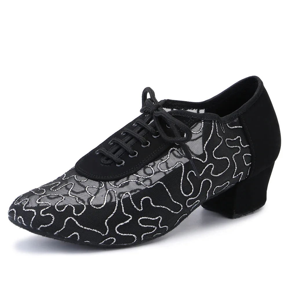 Women Ballroom Dancing Shoes Ladies Tango Latin Practice Dance Shoe Suede Sole Lace-up Closed-toe Black and Silver