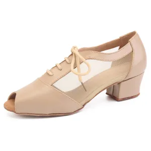 Women Ballroom Dancing Shoes Ladies Tango Latin Practice Dance Shoe Suede Sole Lace-up Peep-toe Nude