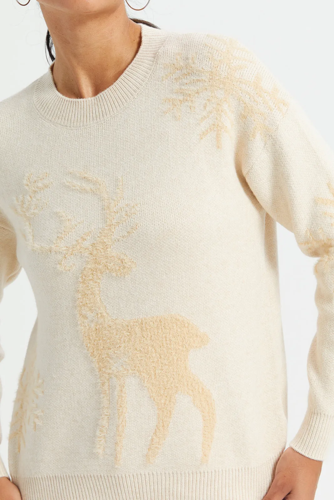 Women Beige Deer Print Pullover