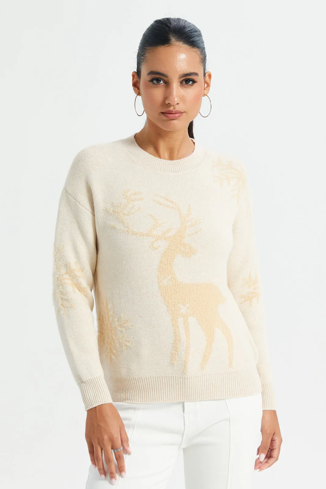 Women Beige Deer Print Pullover