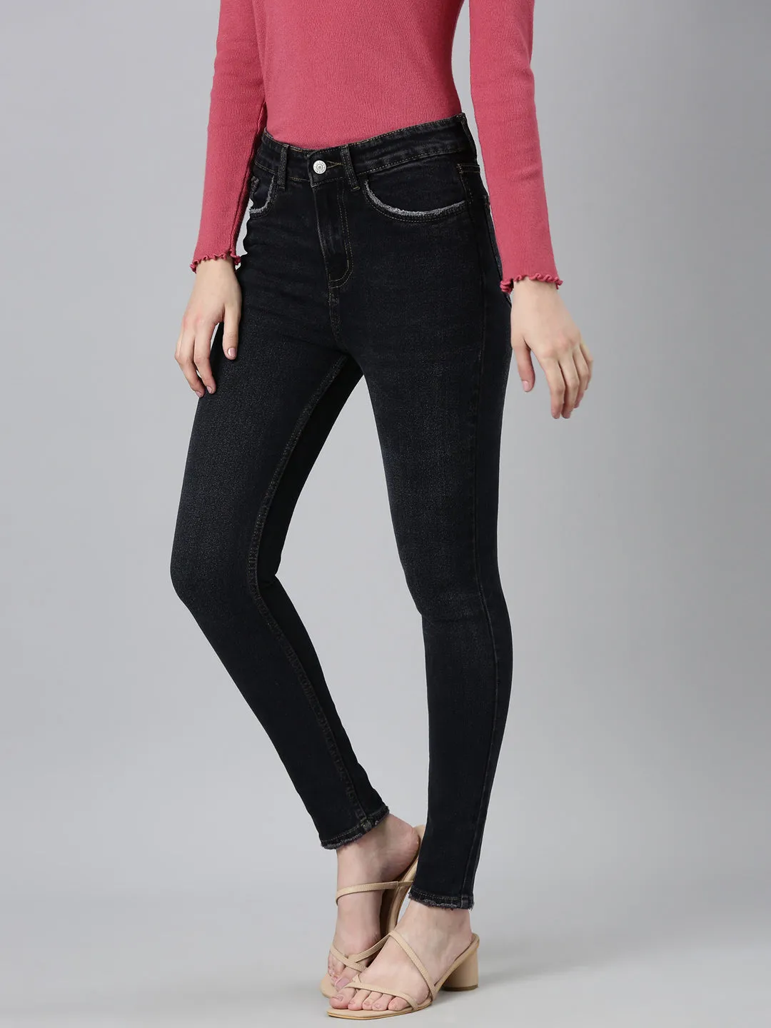 Women Charcoal Solid Skinny Fit Denim Jeans