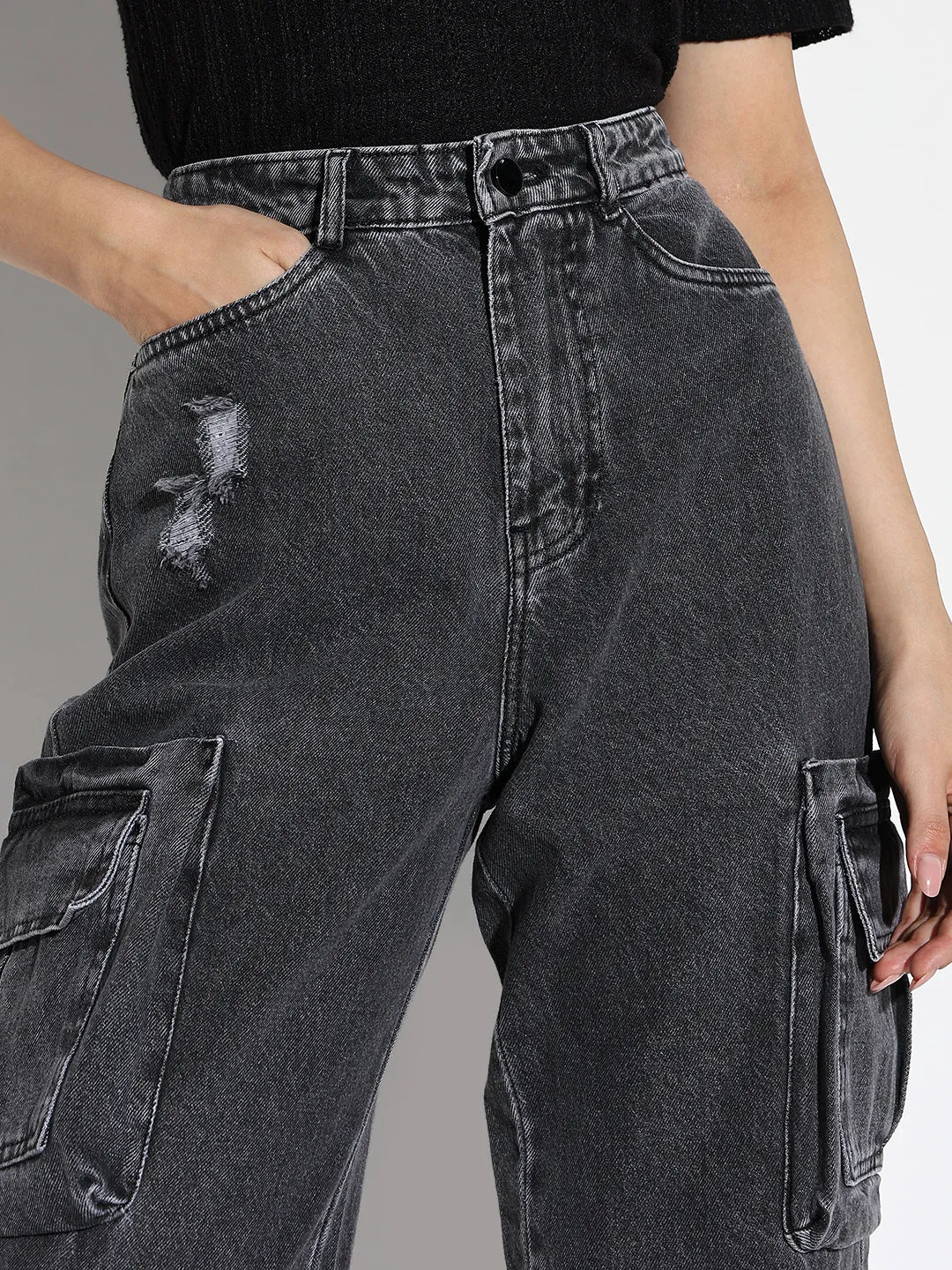 Women Grey Straight Fit Cargo Jeans