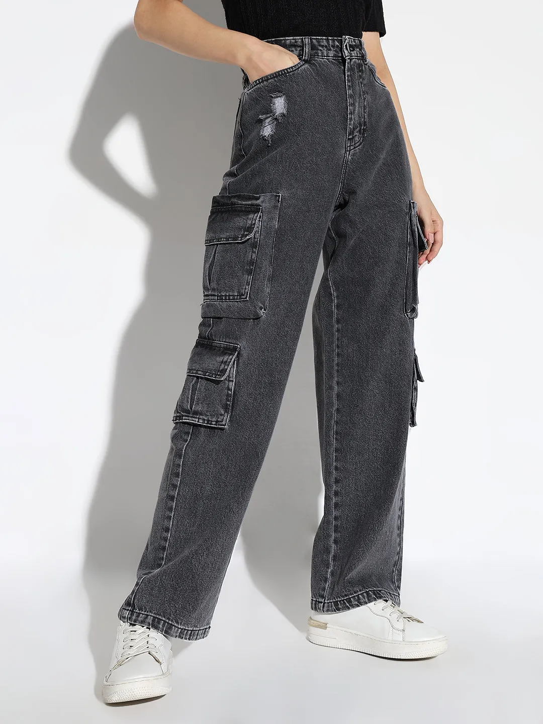 Women Grey Straight Fit Cargo Jeans