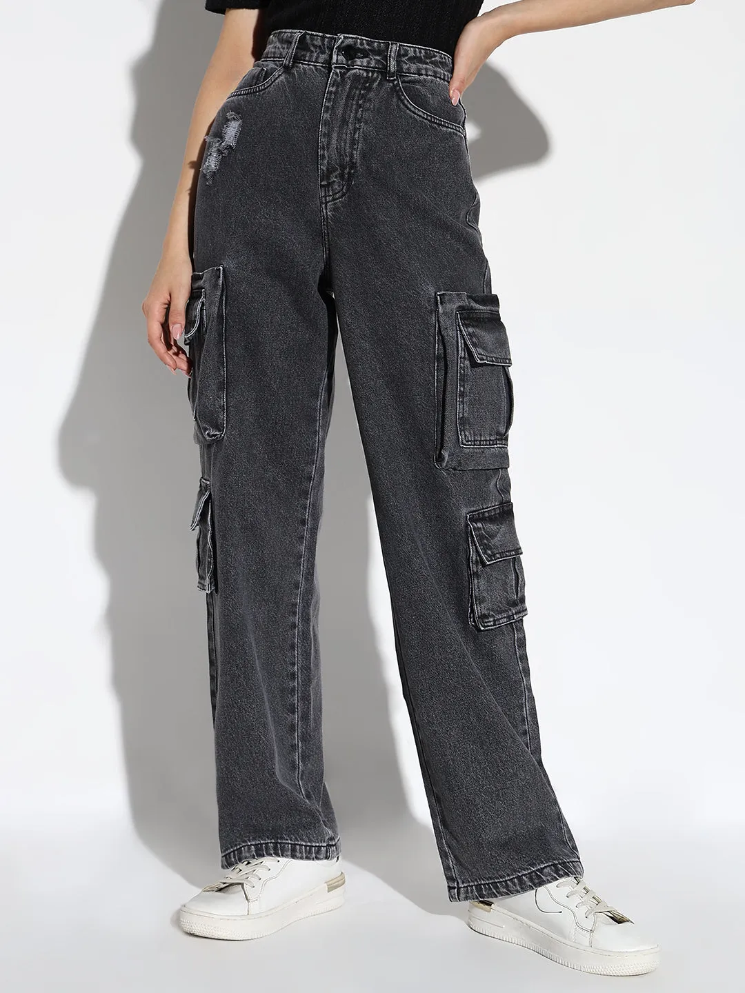 Women Grey Straight Fit Cargo Jeans