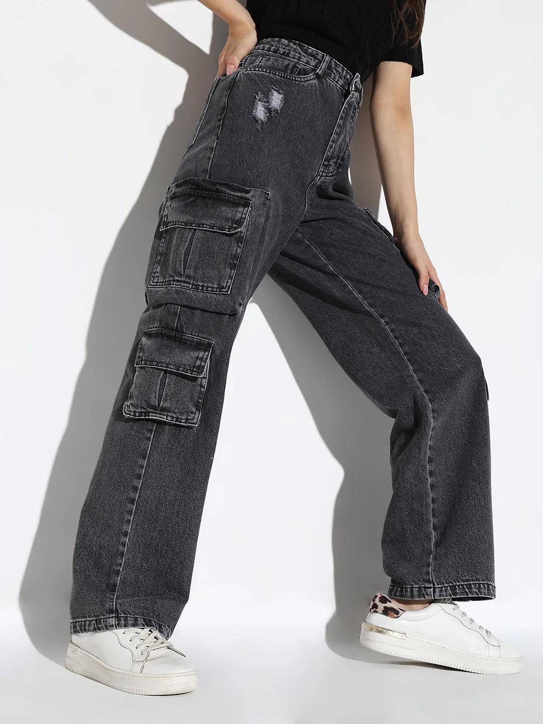 Women Grey Straight Fit Cargo Jeans