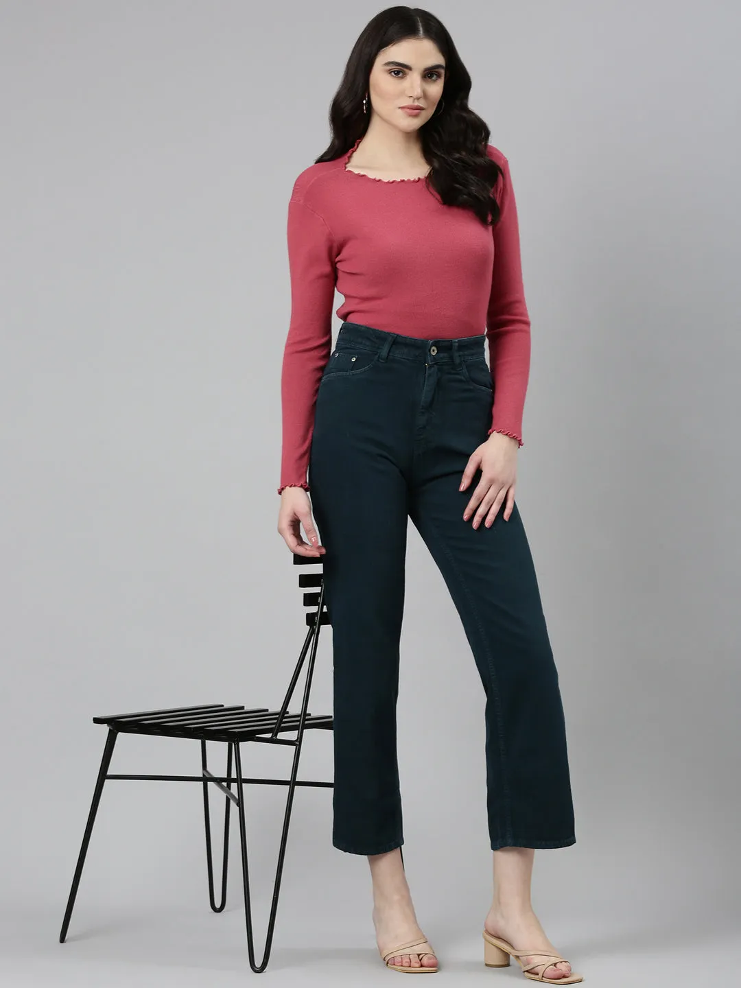 Women Teal Solid Straight Fit Denim Jeans