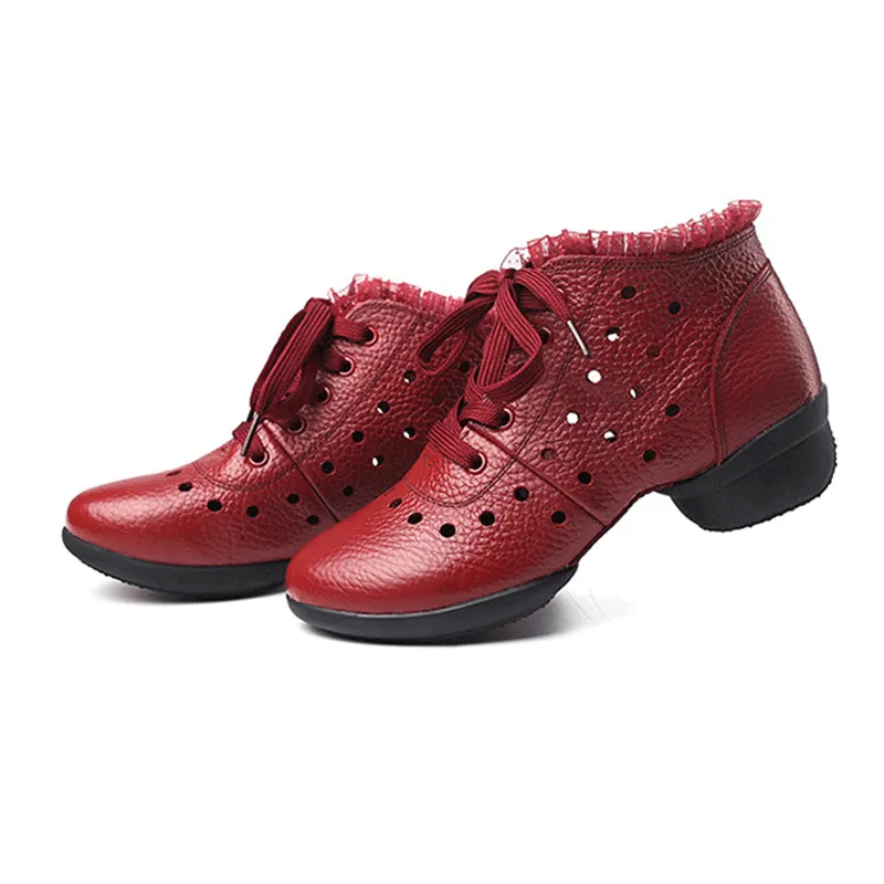 Women's Leather  Hollow Out Lace-up 4cm Heel Dance Sneakers Practice Dance Shoes Jazz Dance