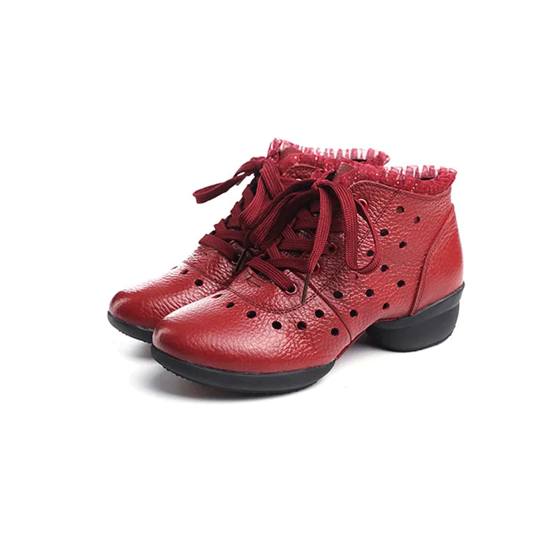 Women's Leather  Hollow Out Lace-up 4cm Heel Dance Sneakers Practice Dance Shoes Jazz Dance