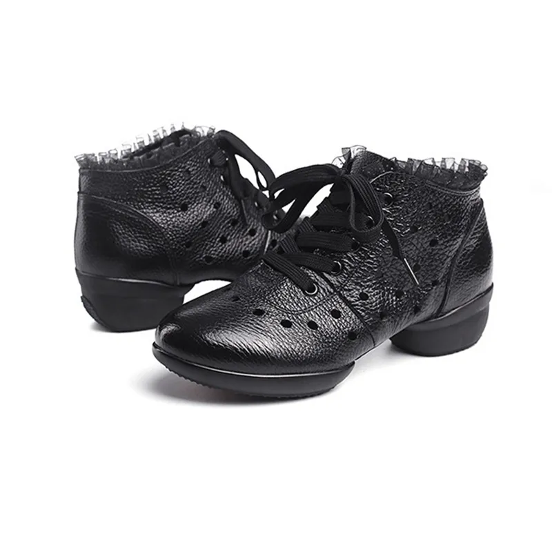 Women's Leather  Hollow Out Lace-up 4cm Heel Dance Sneakers Practice Dance Shoes Jazz Dance