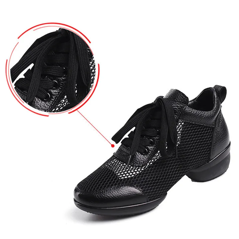 Women's Leather Mesh Lace-up 4cm Heel Dance Sneakers Practice Dance Shoes Jazz Dance