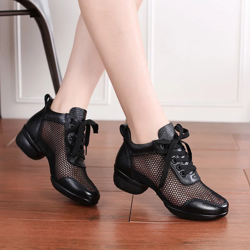 Women's Leather Mesh Lace-up 4cm Heel Dance Sneakers Practice Dance Shoes Jazz Dance