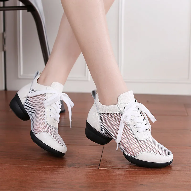 Women's Leather Mesh Lace-up 4cm Heel Dance Sneakers Practice Dance Shoes Jazz Dance