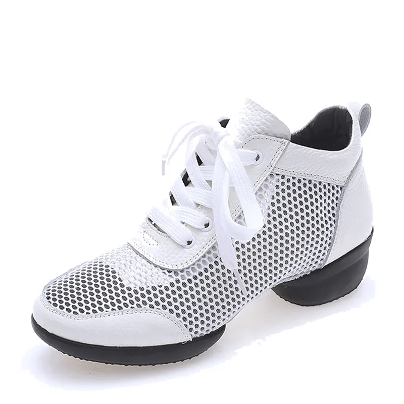 Women's Leather Mesh Lace-up 4cm Heel Dance Sneakers Practice Dance Shoes Jazz Dance