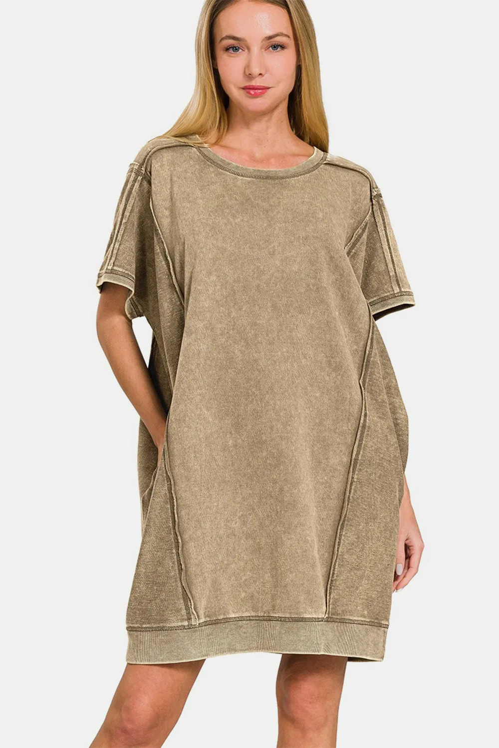 Women's Zenana Washed Exposed Seam Mini Tee Dress